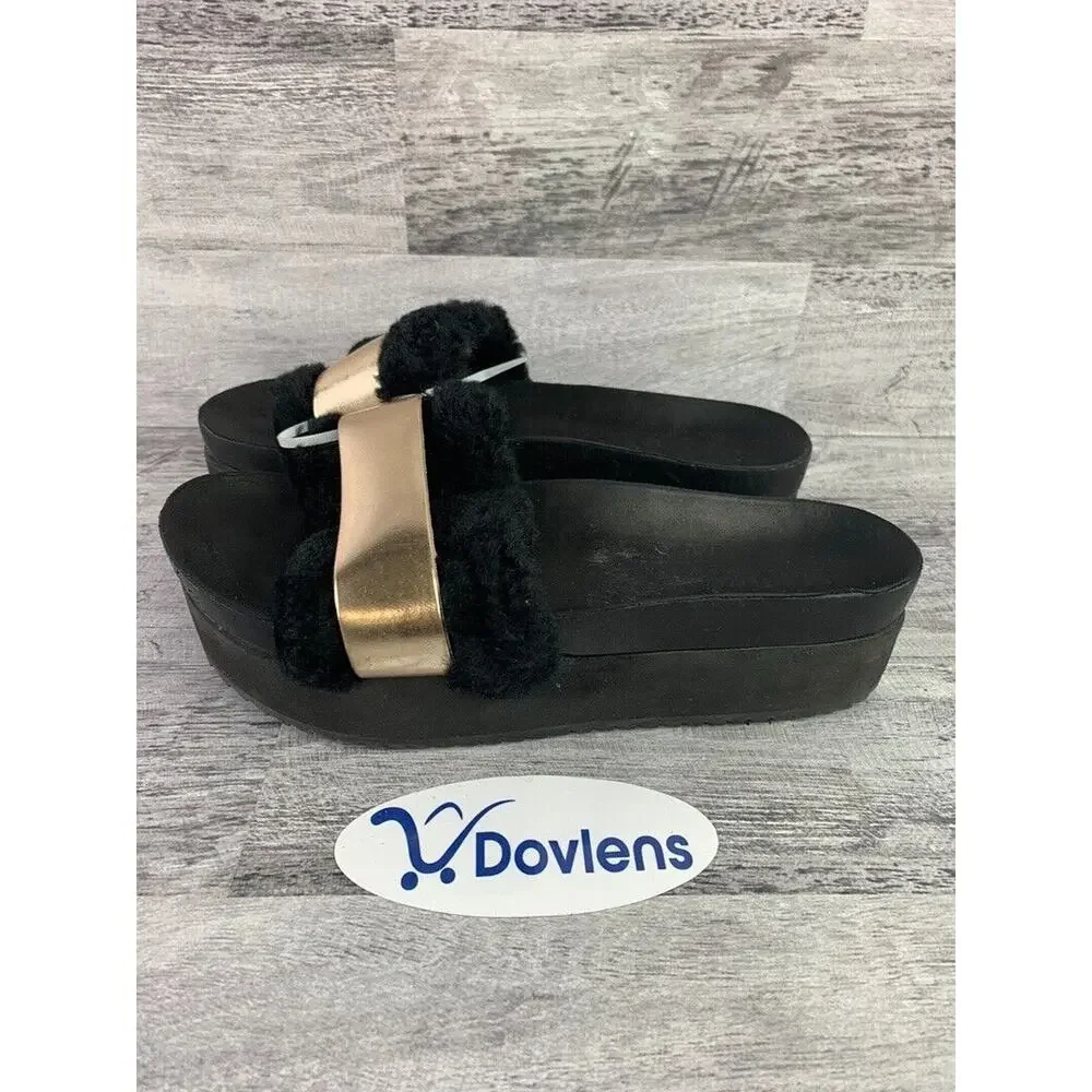 Schutz Womens Black & Gold Faux Fur Platform Slide Sandals Size 9.5B